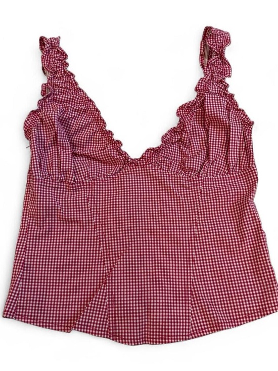 RW&CO. Tops - Y2K Red Gingham Ruffle Plunge Top